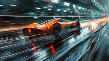 Obraz premium Sports car on the move: an elegant automobile speeding down the road, blending luxury with performance for an unmatched driving experience.