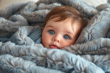 A heartwarming close-up of an adorable baby wrapped in a soft, fluffy blanket, showcasing its captivating blue eyes and cherubic expression