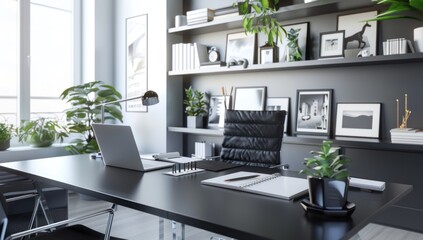 Fototapeta premium A sleek, modern office space with a black desk and chairs