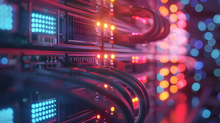 A backdrop of a server room with network cables and lights
