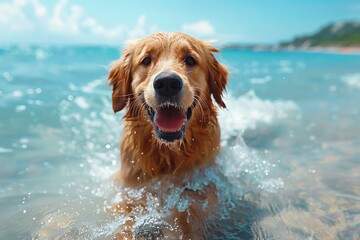 Golden retriever joyfully playing and splashing in the clear blue ocean on a sunny day with a...