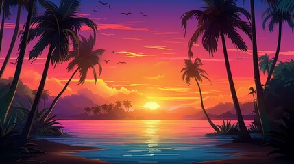 Vibrant chibistyle coastal art in digital painting, with vivid colors and stylized cartoony drawing.