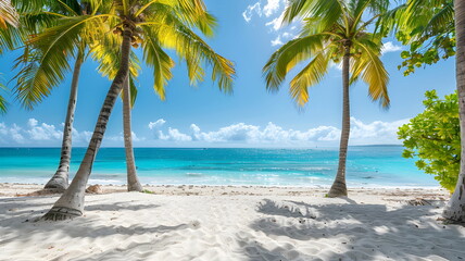 A line of palm trees framing white sand, against the background of a sparkling ocean
