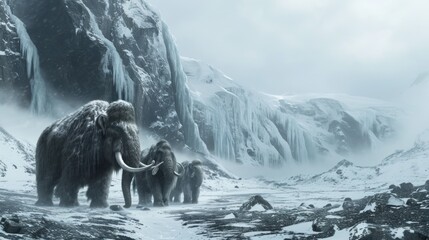 A group of mammoth walking in snow field in freezing winter.