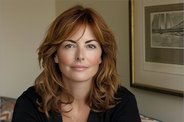 A portrait of a middle-aged woman with auburn hair, dressed in casual black attire and posing indoors against a neutral background with framed artwork