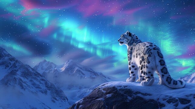 Snow leopard in wild snow field with beautiful aurora northern lights in night sky with snow forest in winter. - Powered by Adobe