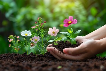 Hands planting vibrant flowers, showcasing the beauty of gardening and nature