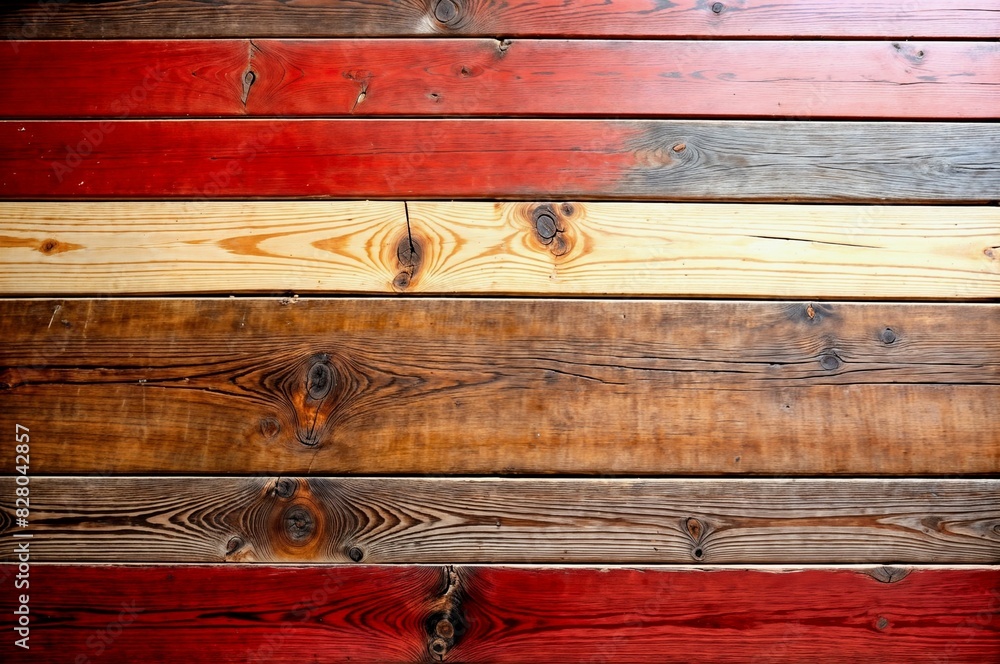 Poster close-up view of wooden planks with different colors and shows signs of age and wear with cracks and
