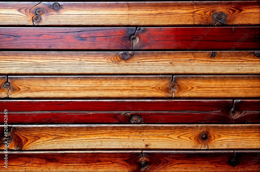 Poster close-up view of wooden planks with different colors and shows signs of age and wear with cracks and