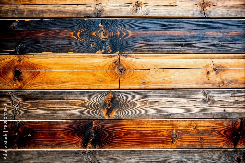 Poster close-up view of wooden planks with different colors and shows signs of age and wear with cracks and