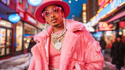 Obraz premium A fashionable individual confidently strolling through a lively street adorned with colorful lights while wearing a vibrant pink ensemble that exudes luxury and style