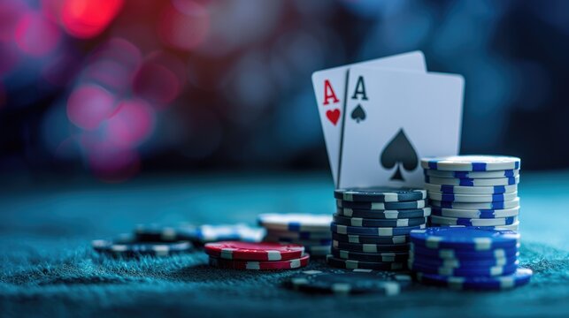 Close up shot of four aces and colorful stacks of chips on a dark background ideal for adding your text or images Represents gambling poker and casino themes