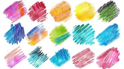 Hand drawing of colorful calligraphy and cross-hatching pattern using wax pastels and crayons isolated on white background.