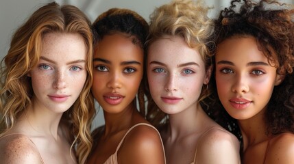 Obraz premium A diverse group of four young women with varying skin tones and hair types pose closely together, showcasing natural beauty and individuality