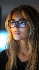 A striking portrait capture of a young woman with long blonde hair and stylish eyeglasses, looking upward thoughtfully against a dimly lit background