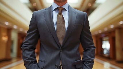 A man in a sophisticated business suit stands confidently in a modern corporate office setting, exuding professionalism and style