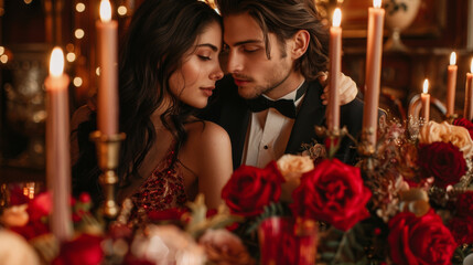 An elegant couple shares a romantic moment over a candlelit dinner surrounded by luxurious floral decorations.