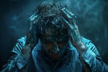 Somber man clutching his head in distress under heavy rain, drenched and covered in grime, capturing an intense emotional struggle and despair