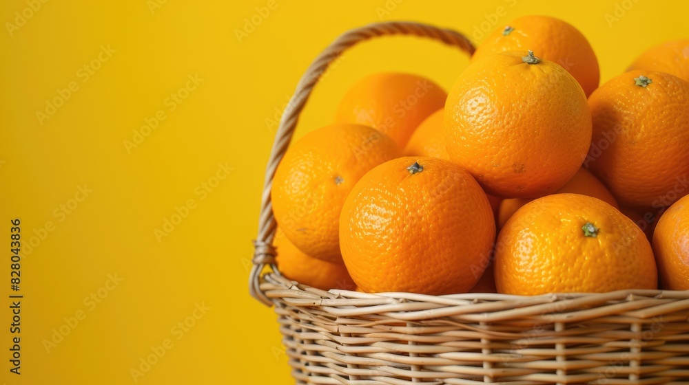 Poster close up image of a wicker basket filled with fresh oranges on a bright yellow background with room 