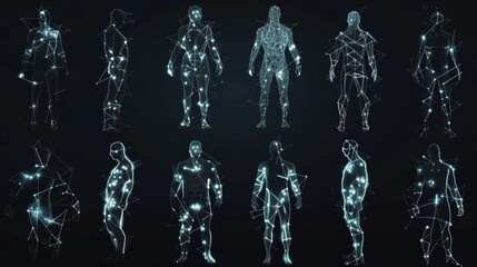Collection of glowing hologram of human body 3D structure with dark background.