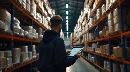 A warehouse employee in a high visibility vest uses a digital tablet to manage inventory in a large distribution center. AIG41