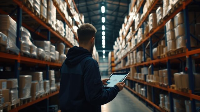 A warehouse employee in a high visibility vest uses a digital tablet to manage inventory in a large distribution center. AIG41