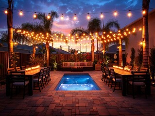 A stunning backyard oasis at dusk features a glowing pool, string lights hanging above, comfortable seating, and palm trees for an enchanting outdoor gathering