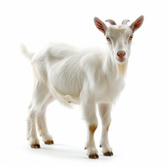 Naklejka premium A curious young white goat standing isolated on a white background, looking directly at the viewer.