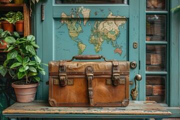 Vintage suitcase placed on a rustic shelf in front of a teal-colored door adorned with a world map and surrounded by vibrant potted plants