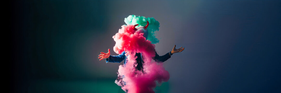 character devil appear / emerge / disappear - anonymous magician person in colorful smoke