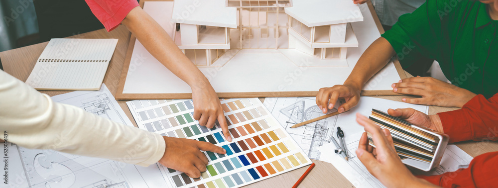 Poster skilled architect team discuss about house construction while interior designer point an appropriate