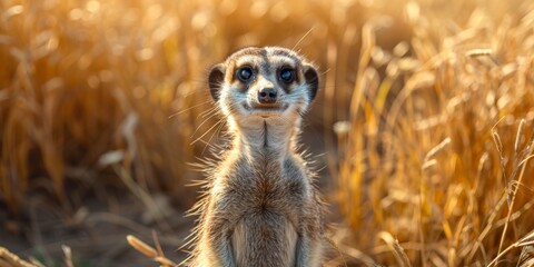 Fototapeta premium A solitary meerkat standing alert in a golden field of tall grasses under the warm sunlight, showcasing its iconic stance and curious expression