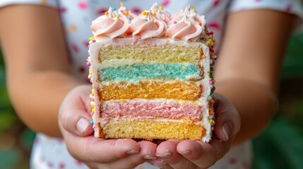 A close-up view of a colorful four-layer cake slice held by a person, showcasing pastel-colored layers and a piped frosting top, emitting a delightful and inviting appearance