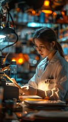 A dedicated scientist working intently in a well-equipped laboratory, illuminated by the focused...