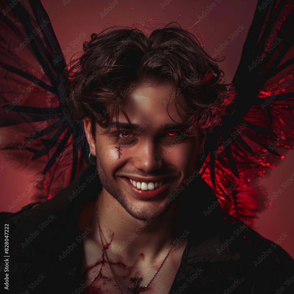 Poster a male looking front smiling with devil wings