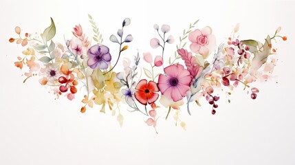 Colorful Watercolor Floral Arrangement Featuring Various Blossoms and Foliage