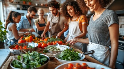 A lively group of diverse friends enjoying the preparation of a healthy, colorful vegetable meal together in a modern kitchen setting