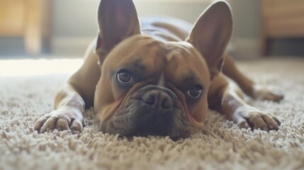 Portrait of bored bull dog rest on carpet floor