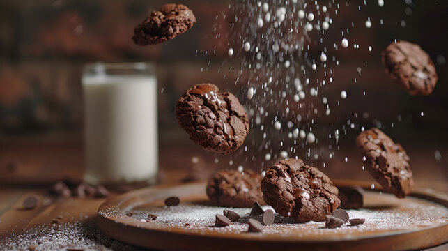 vaso de leche con galletas de chocolate con chispas sobre un plato y azucar fondo de comida postre