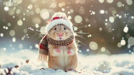Cute hamster in snow field in winter. 3D vector illustration.