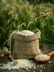 burlap sack of rice and grain