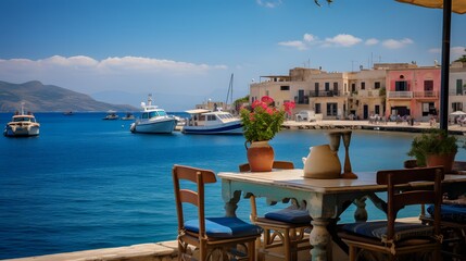 Fototapeta premium A boat docked with tables and chairs. Generative AI