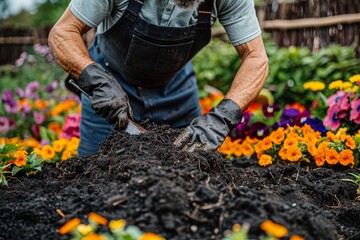 Man working in a garden bed with vibrant flowers, close up of hands in soil, emphasizing gardening effort and care, outdoor natural setting with colorful blooms