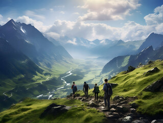 Obraz premium Hiking On Mountain, people&nbsp;with backpack hiking on mountain peaks, Hiking on green and Icy mountains, foggy hills, Hiking on open natural air, travel on mountain.