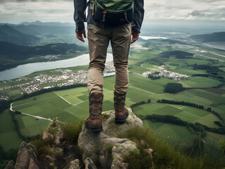 Hiking On Mountain, people&nbsp;with backpack hiking on mountain peaks, Hiking on green and Icy mountains, foggy hills, Hiking on open natural air, travel on mountain.