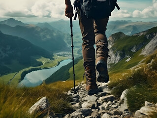 Hiking On Mountain, people with backpack hiking on mountain peaks, Hiking on green and Icy mountains, foggy hills, Hiking on open natural air, travel on mountain.