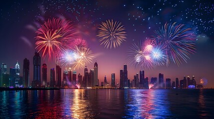 A beautiful display of colorful fireworks illuminating the night sky over an urban cityscape, creating a stunning and vibrant atmosphere for New Year's celebration or other festive events.