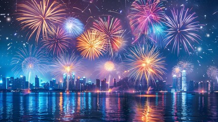 Obraz premium A beautiful display of colorful fireworks illuminating the night sky over an urban cityscape, creating a stunning and vibrant atmosphere for New Year's celebration or other festive events.