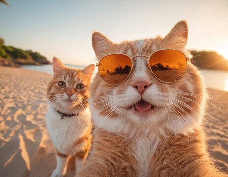 Happy cats with sunglasses enjoying a sunny beach day