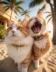 Two cats with one yawning, posing on the beach